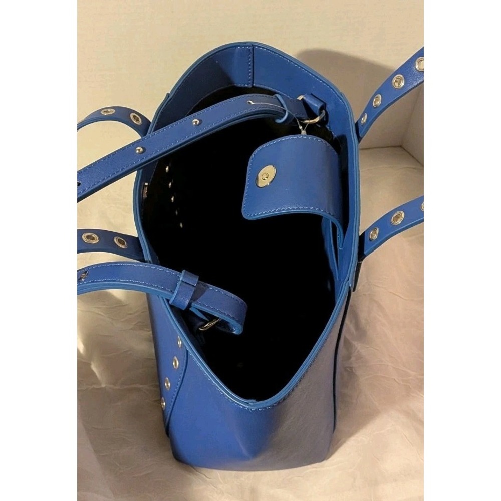 French Connection Purse Blue Faux Leather Bag Tote Grommets Double Handle - Picture 4 of 16